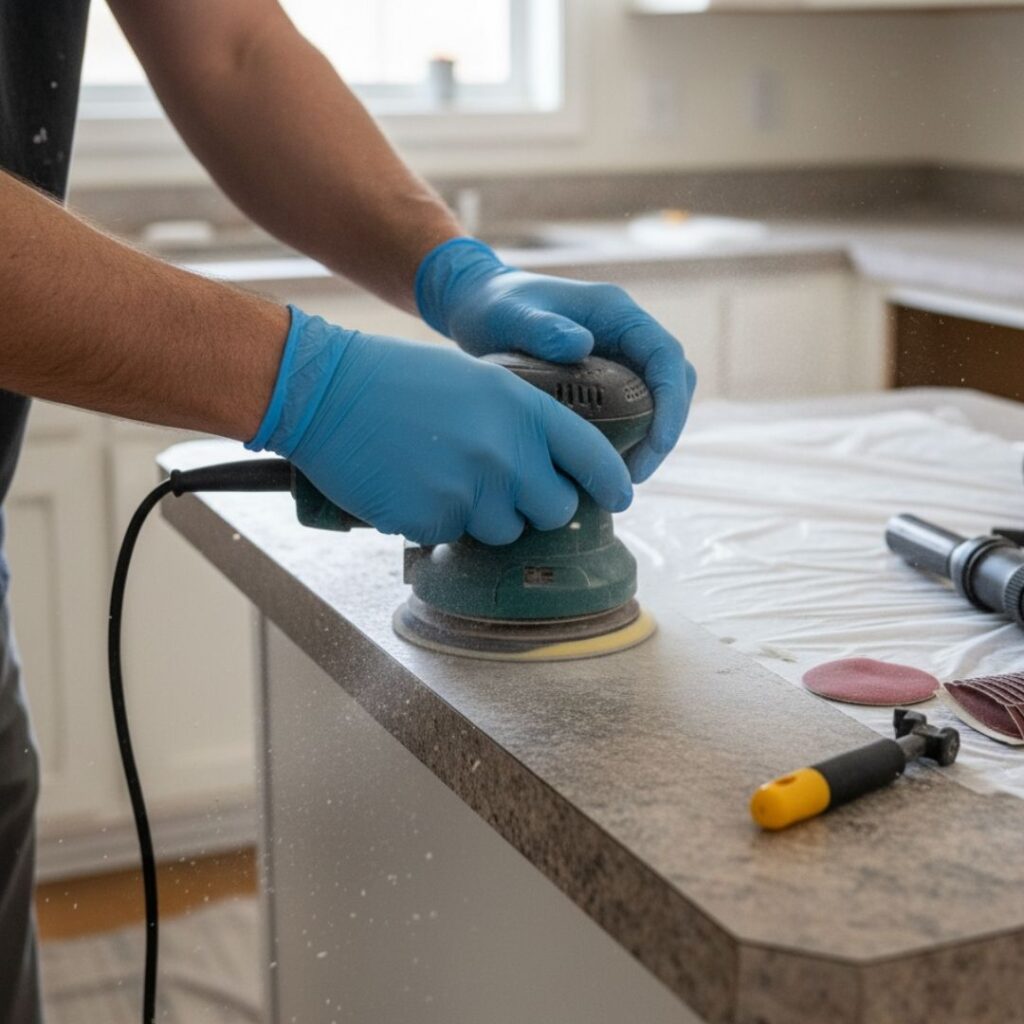 epoxy countertop contractor sanding a surface before installation